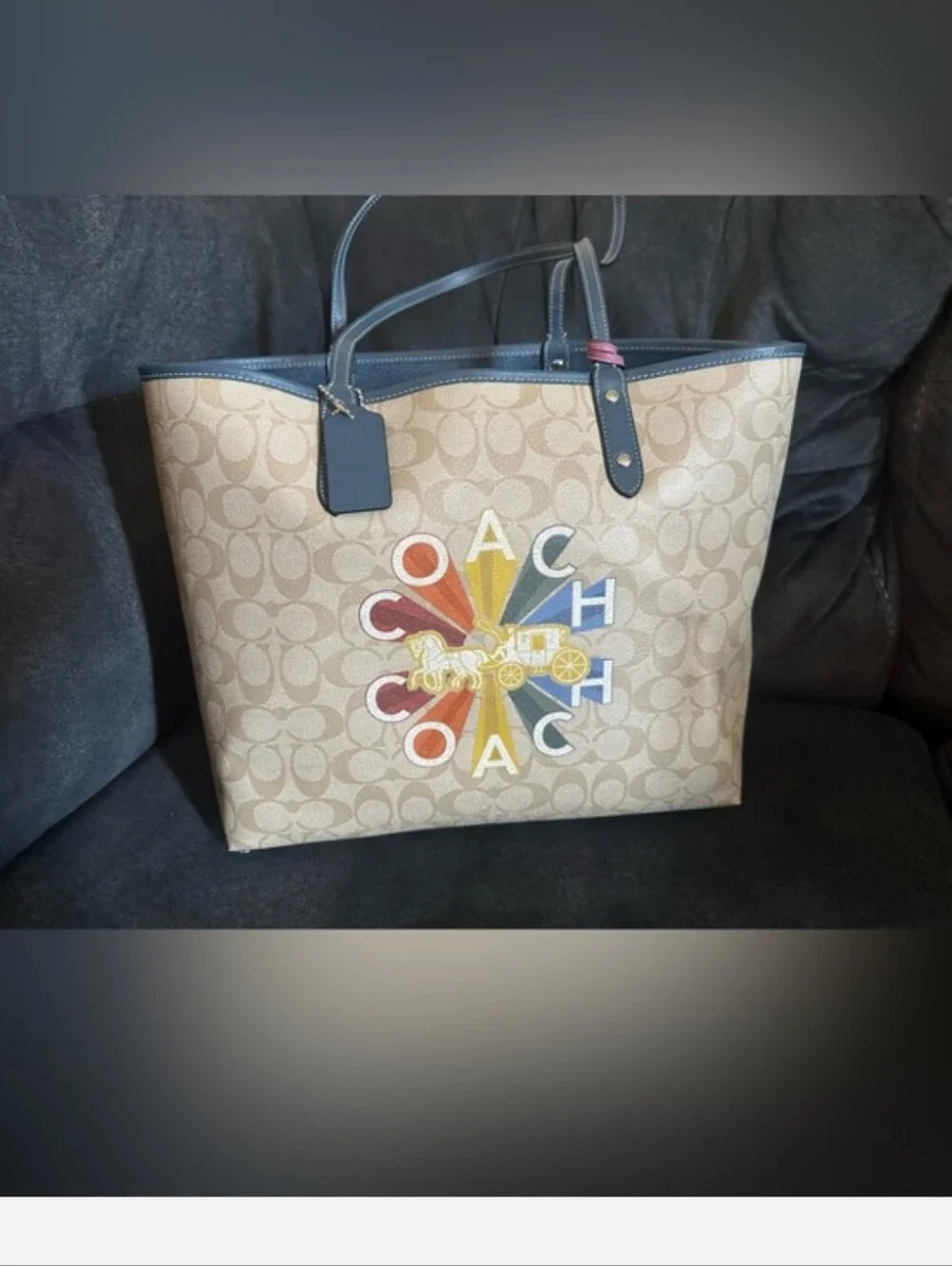Coach Reversible City Tote Radial Rainbow Signature Canvas C6813 w/ Pouch EUC